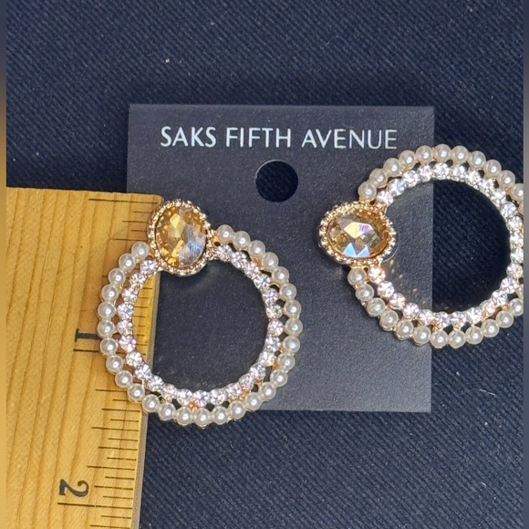 Saks Fifth Ave Champagne Crystal Post With Faux Pearl & Crystal Hoop Earrings - Picture 6 of 8